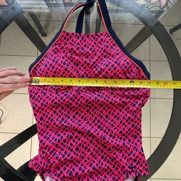 Nike One Piece Halter Top Swimsuit geometric Pink and Blue, Athletic Size Medium - Picture 10 of 11